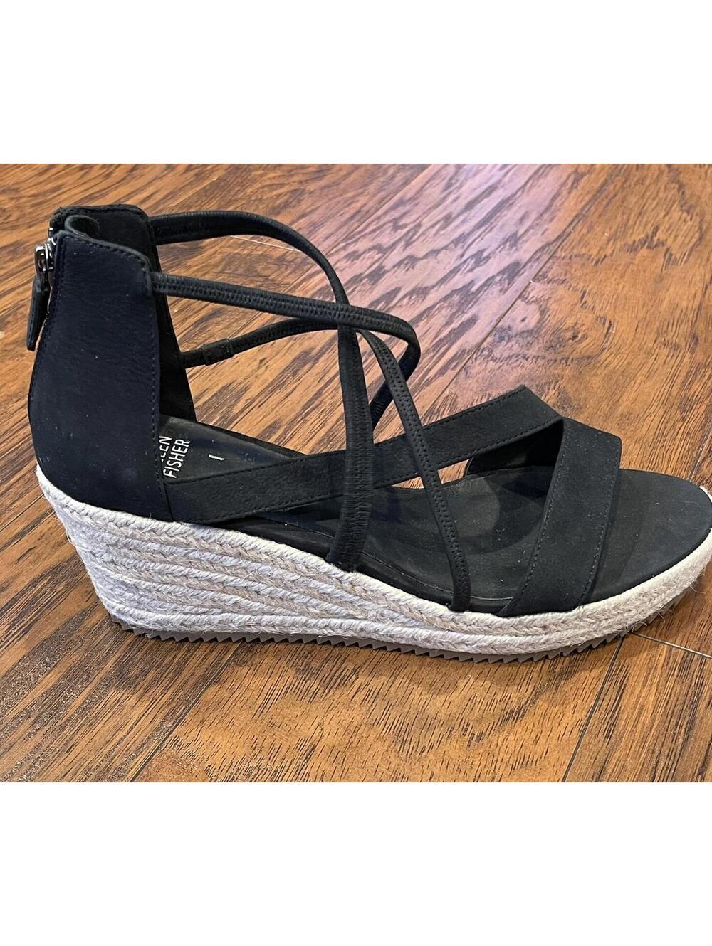 Eileen Fisher Wanda Tumbled Nubuck Espadrille Sandals in Black Size 9